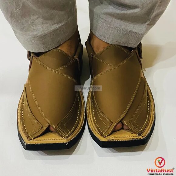 Authentic Tan Leather Peshawari Chappal, Handmade Leather Shoes for Men, Ethnic - Picture 1 of 8